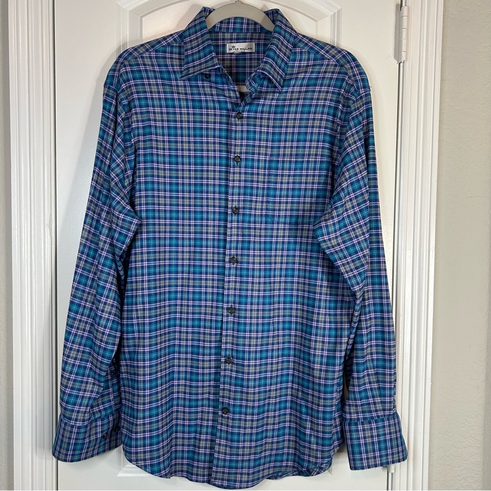 Peter Millar Soft button down Blue Plaid Men's size medium Shirt long sleeve - Picture 2 of 10